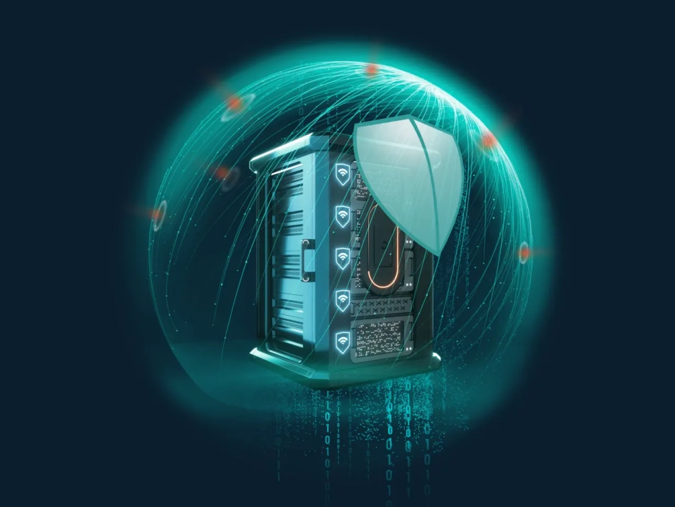 Ein digital geschützter Serverschrank in einer leuchtenden Sicherheits-Sphäre symbolisiert das ganzheitliche Cybersicherheits-Portfolio von Schwarz Digits mit den Plattformen XM Cyber und Omniac zum Schutz vor Cyberangriffen.