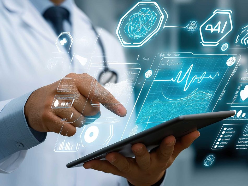 Doctor in a lab coat using a tablet with futuristic blue medical holograms like ECG, health data, and AI symbols, representing digital health and modern healthcare technologies.