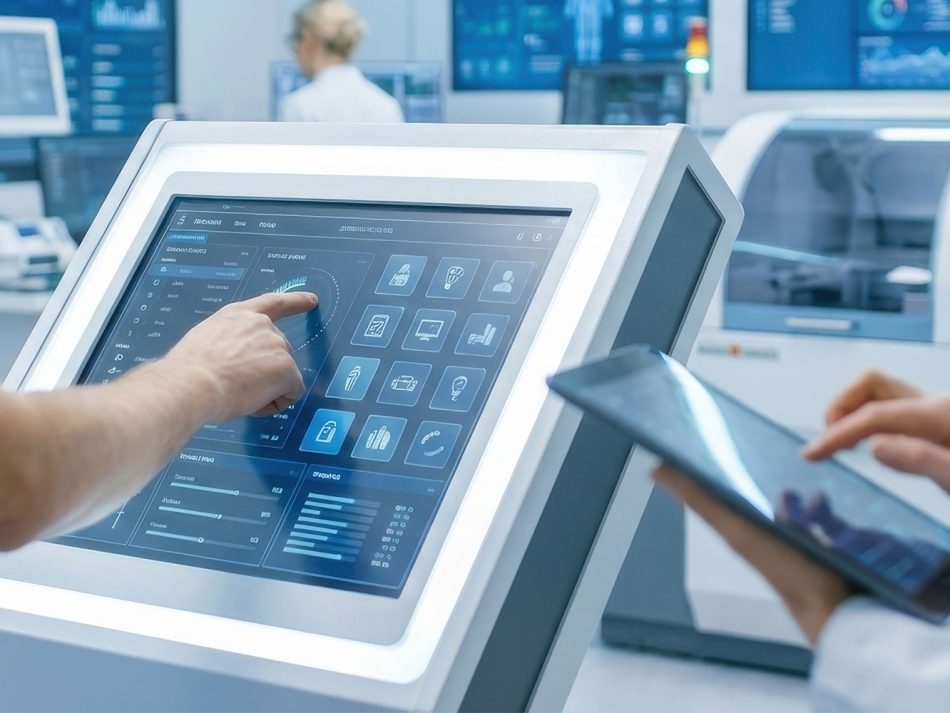 Medical staff using a touchscreen terminal and tablet for efficient patient management in a hospital setting.