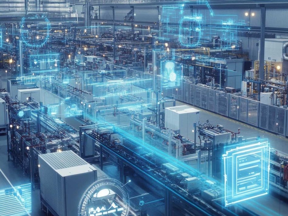 Holografische Datenvisualisierung über einer modernen, automatisierten Produktionsstraße in einer Fabrikhalle.