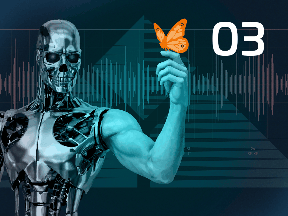 Visualisierung zum Thema Künstliche Intelligenz im Cyber Security Report 2026; dargestellt durch eine humanoide Roboter-Figur mit einem Schmetterling als Symbol für technologische Transformation.