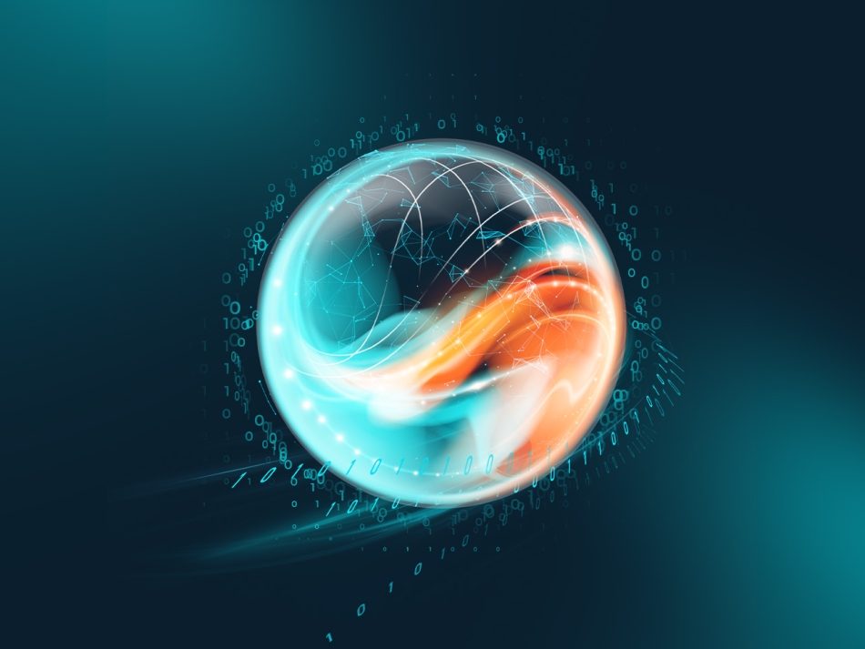 The image shows a glass sphere against a dark background. Inside the sphere, complex, wave-like lines in orange and turquoise visualize a neural network or artificial intelligence. The sphere is surrounded by a ring of zeros and ones and dynamic light trails, depicting high-speed data processing.