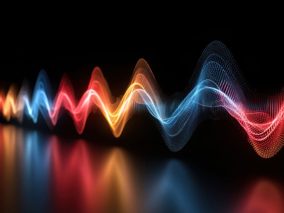 Abstrakte leuchtende Neon-Soundwelle mit blauen, roten und orangefarbenen Partikelspuren auf schwarzem Hintergrund.