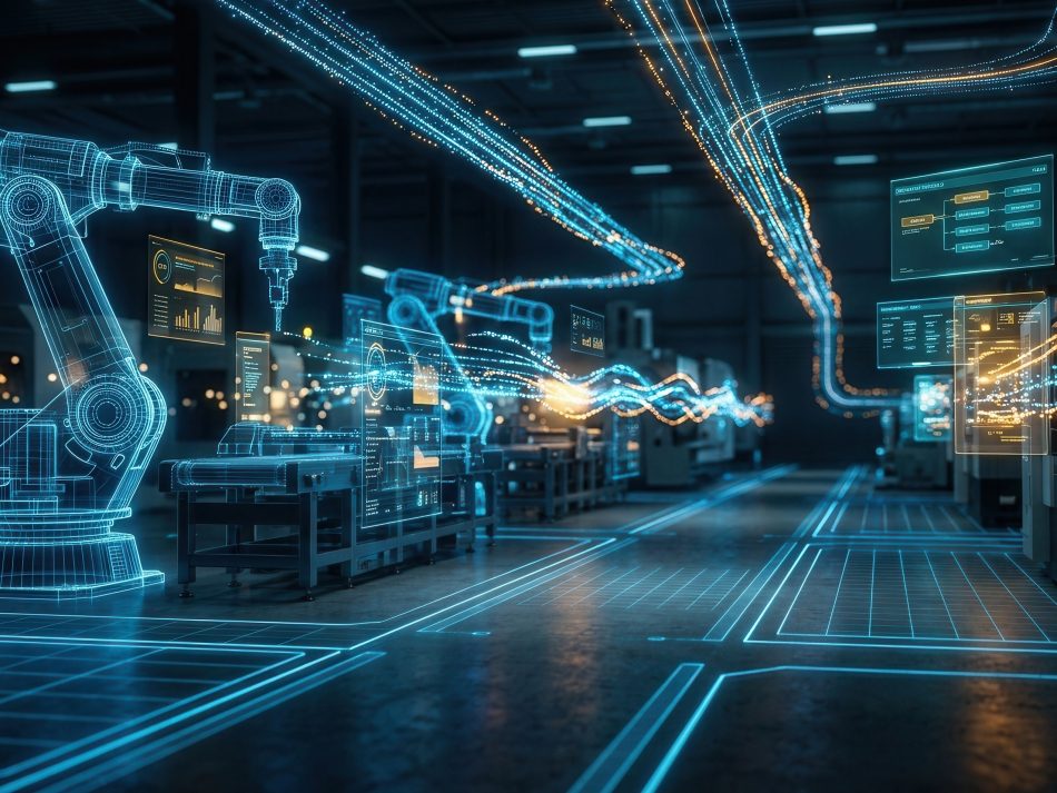Smart factory with glowing blue wireframe robotic arms and data streams illustrating Industry 4.0 automation.