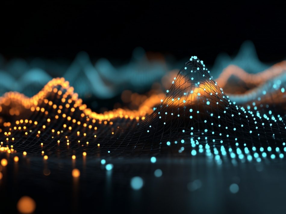 Abstrakte neuronale Netzwerk-Struktur mit leuchtenden Datenpunkten in Orange und Blau – Symbol für Computer Vision und KI-Datenverarbeitung in der Cloud.