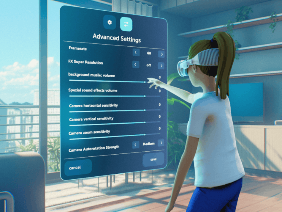 Avatar mit VR Brille vor einem User Interface
