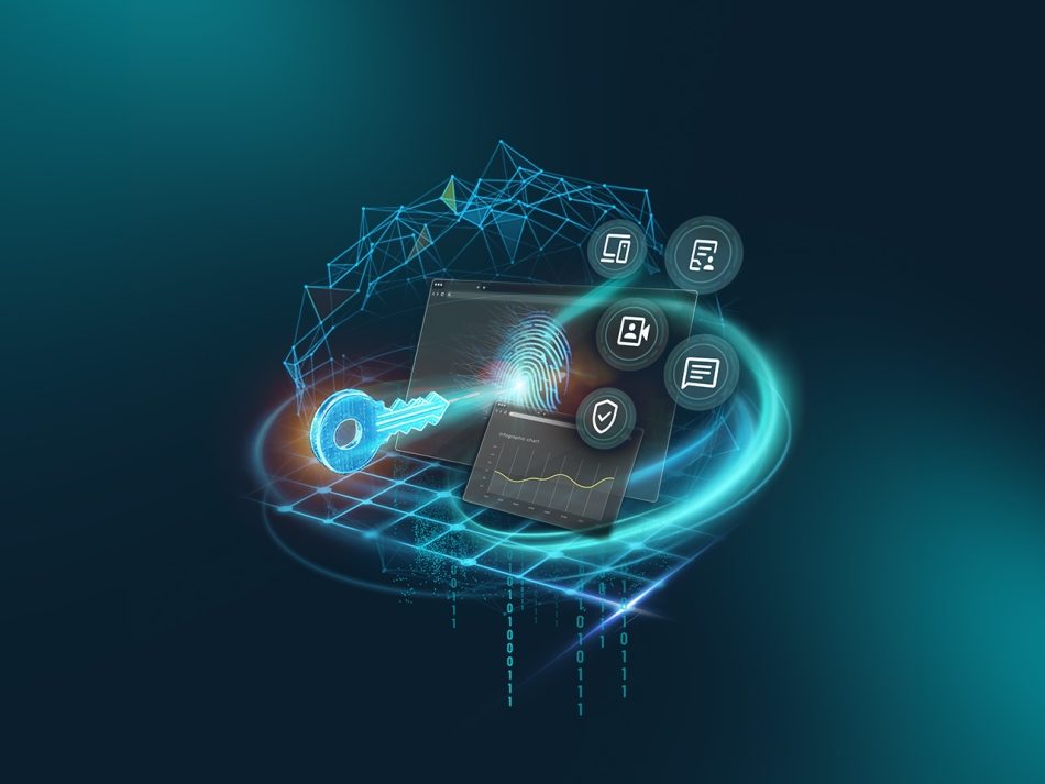 Das Bild zeigt einen großen, leuchtenden digitalen Schlüssel in Türkis, der auf einen Laptop-Bildschirm gerichtet ist, um sicheren Zugang zu symbolisieren. Auf dem Bildschirm sind ein Fingerabdruck und abstrakte Diagramme zu erkennen. Um den Laptop kreisen dynamisch Symbole für Dokumente, Videoanrufe, Nachrichten und Sicherheitsschilde vor einem dunkelblauen Hintergrund.