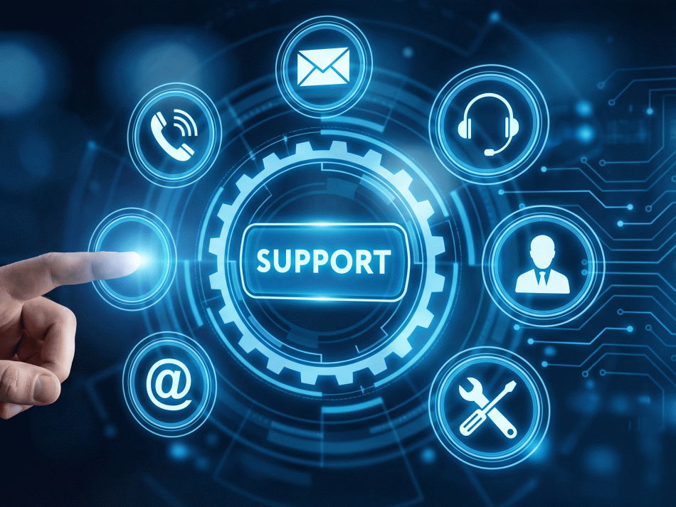 Finger tippt auf ein leuchtendes Support-Symbol, umgeben von Kommunikations-Icons für IT-Service-Prozesse.