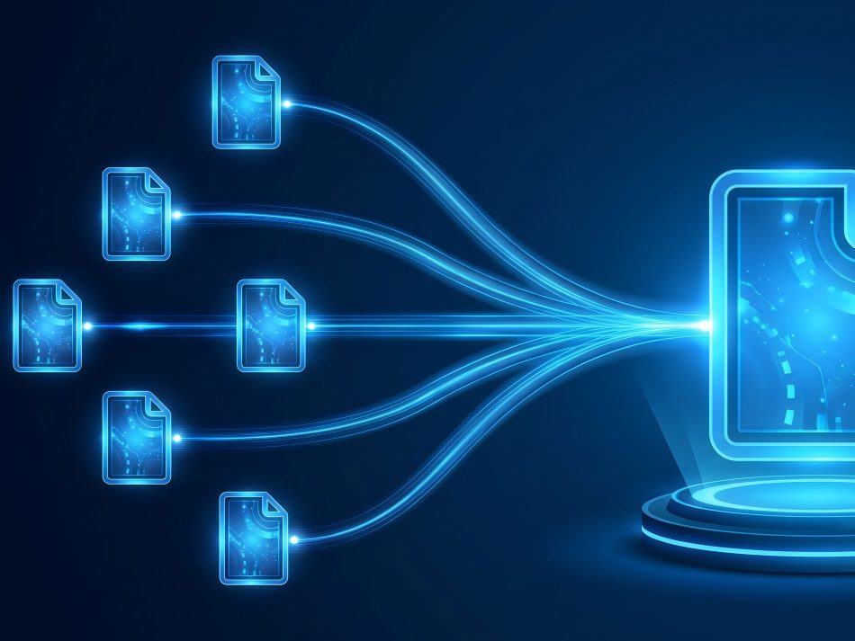 Graphical representation of merging digital documents from various source systems into a central database.