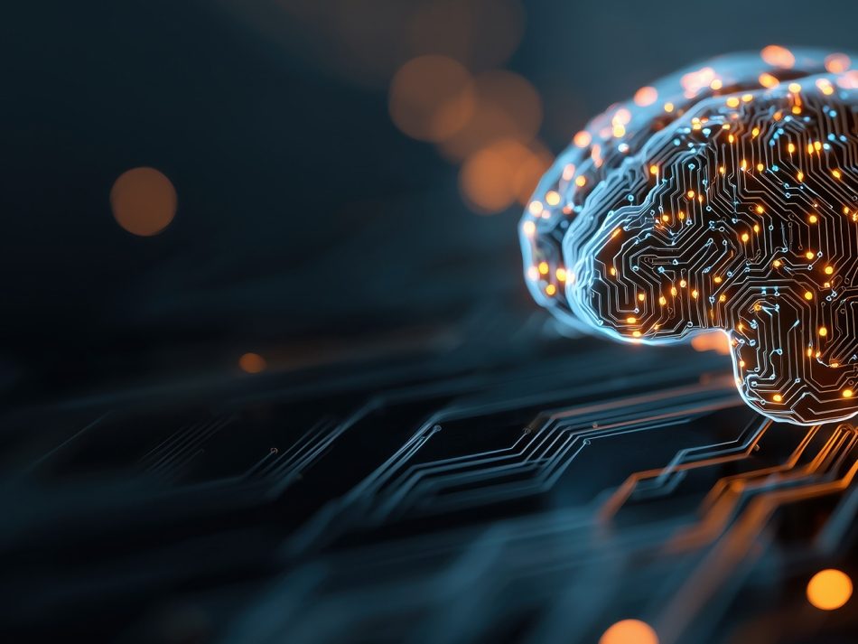 Glowing digital brain made of circuit board lines representing artificial intelligence