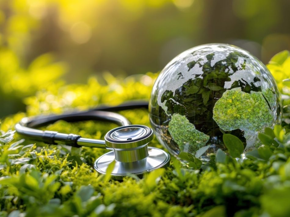 A glass globe, depicting continents as green and vibrant, rests in lush green grass or foliage. Directly beside it lies a silver stethoscope with black tubing, its head resting on the ground. In the background, the sun shines, creating bright, blurred points of light. The image symbolizes global health, environmental protection, the health of the planet, or "One Health" concepts.