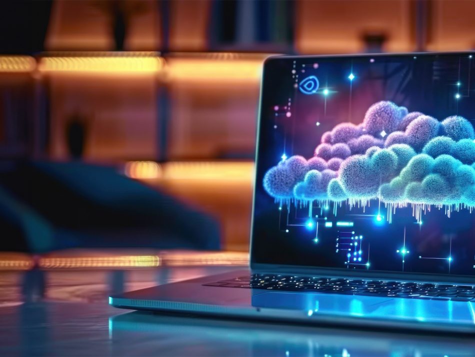 Laptop displaying colorful glowing clouds (cloud computing) as a symbol for digital cloud solutions, hosting, and data storage in IT infrastructure.