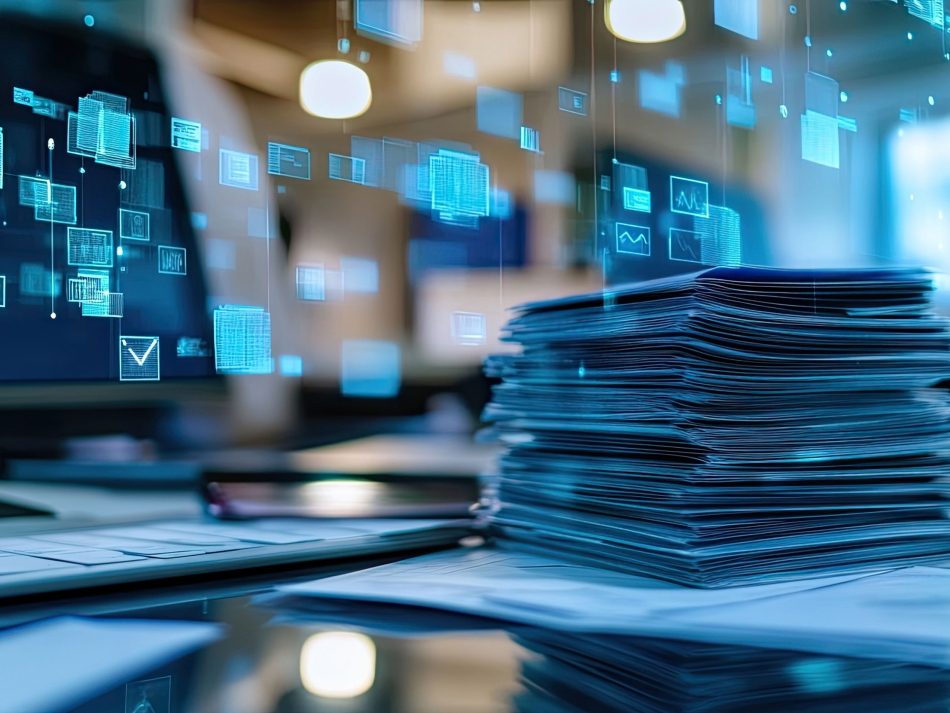 Ein großer Stapel physischer Dokumente und Papiere liegt auf einem Schreibtisch neben einem Computermonitor. Über dem Stapel und dem Bildschirm schweben digital leuchtende Symbole und Datenvisualisierungen in hellblauen Hologramm-Effekten, was den Übergang von analoger zu digitaler Dokumentenverarbeitung symbolisiert.