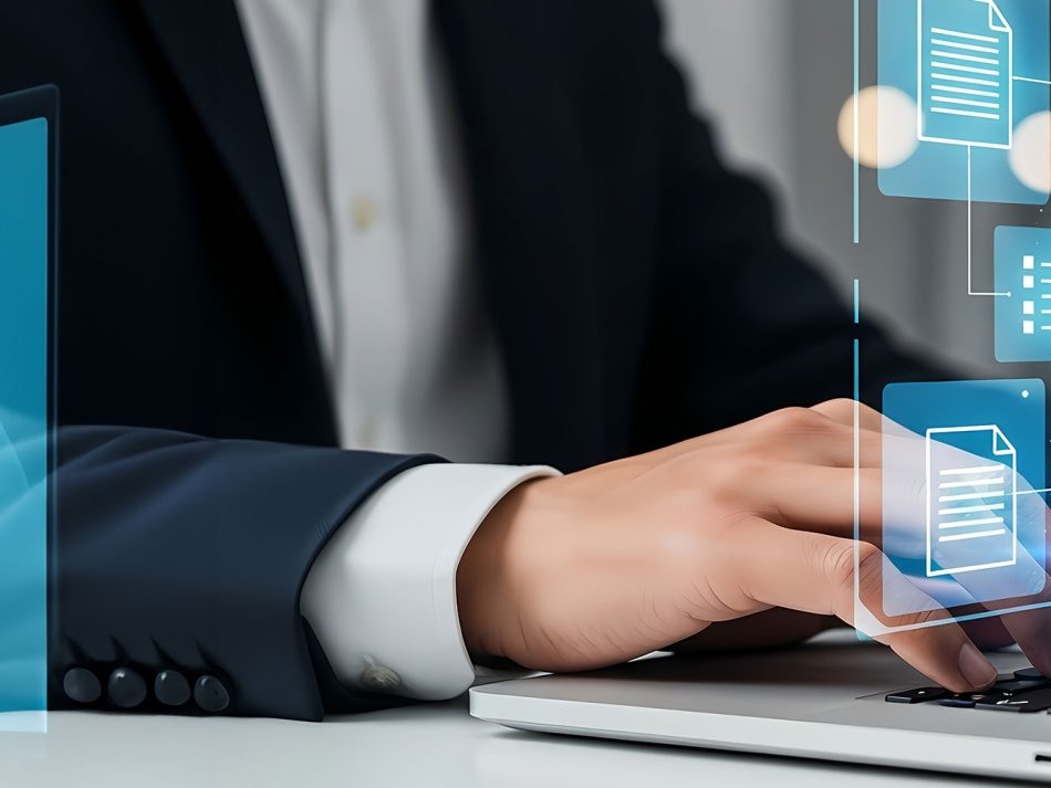 Close-up of a businessman in a suit typing on a laptop, with a digital overlay of document icons and a central AI chip symbol floating above. Represents data processing, Artificial Intelligence, and machine learning.