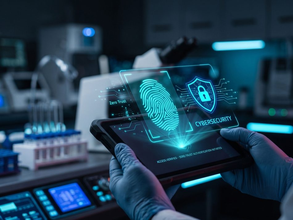 Biometric fingerprint authentication and cybersecurity shield displayed on a tablet in a laboratory – Zero Trust access and SASE for research partners.