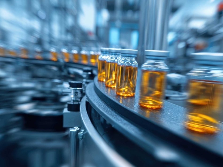 Glass vials filled with amber liquid moving along an automated conveyor line in a bottling facility.