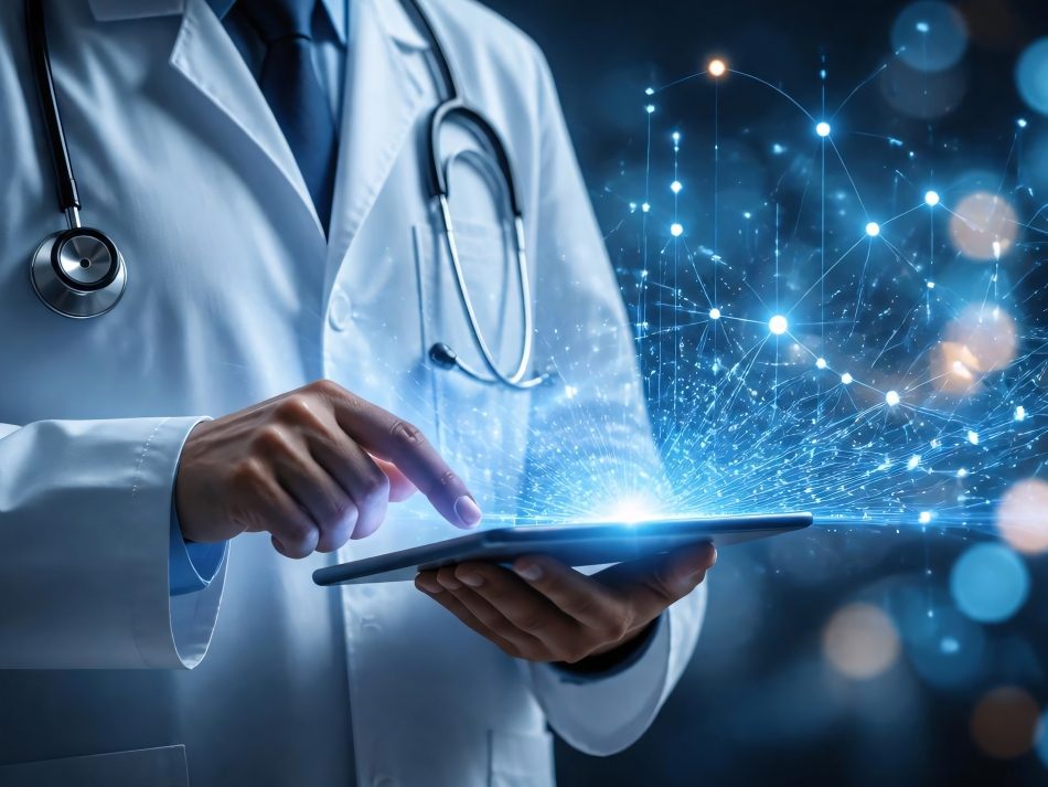 Doctor operating a tablet emitting a glowing digital network to symbolize modern digital health and e-health solutions.