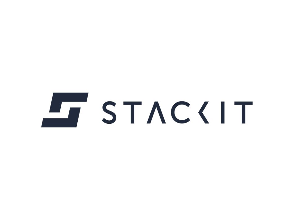 The background is white and shows the dark blue lettering "STACKIT".