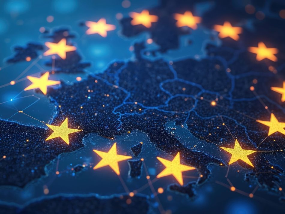 Digital, dark blue map of Europe, over which shining, golden EU stars are distributed and which is covered by a fine, orange and blue data network. The image visualizes the European Union (EU), digital networking, data sovereignty, EU regulation and political cooperation in Europe.