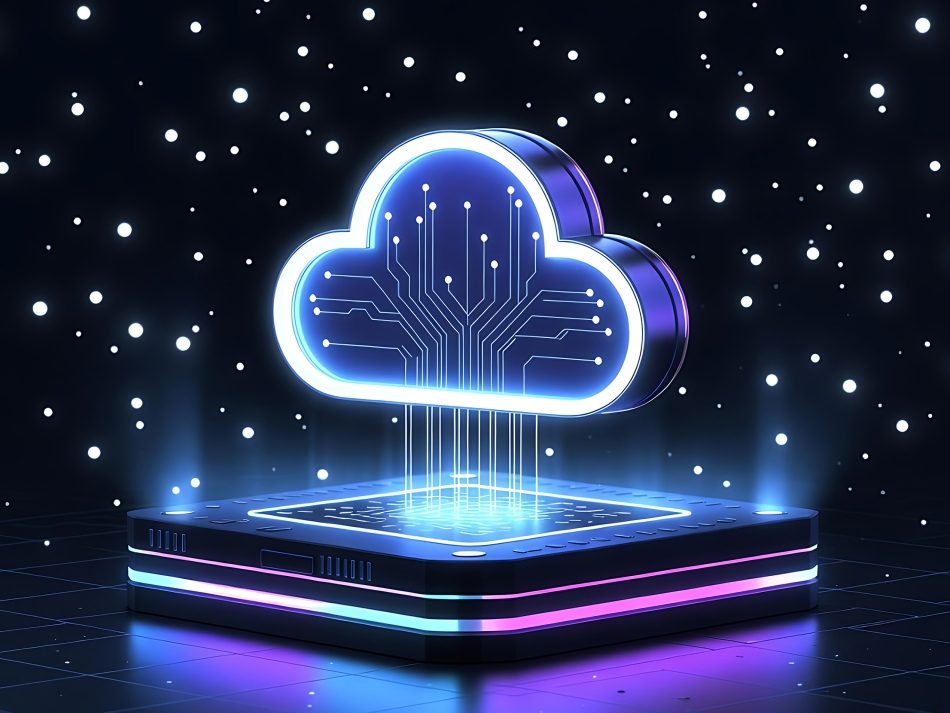 A stylized 3D cloud symbol with visible circuit traces, floating above an illuminated platform in a dark starry field, symbolizing cloud computing.