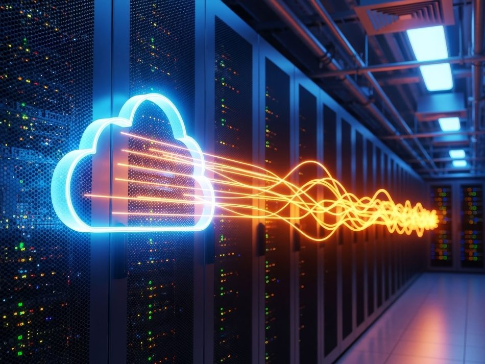 A glowing blue cloud symbol receives pulsating orange data streams along an aisle full of server racks in a data center. The image visualizes data transfer, data migration to the cloud and cloud computing in an IT infrastructure.