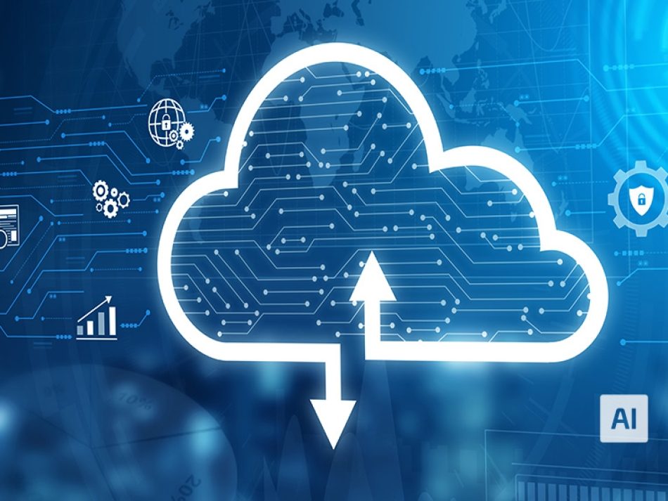 Ein stilisierter Wolken-Icon mit Pfeilen für Upload und Download, umgeben von vernetzten Symbolen für Sicherheit und Datenanalyse.