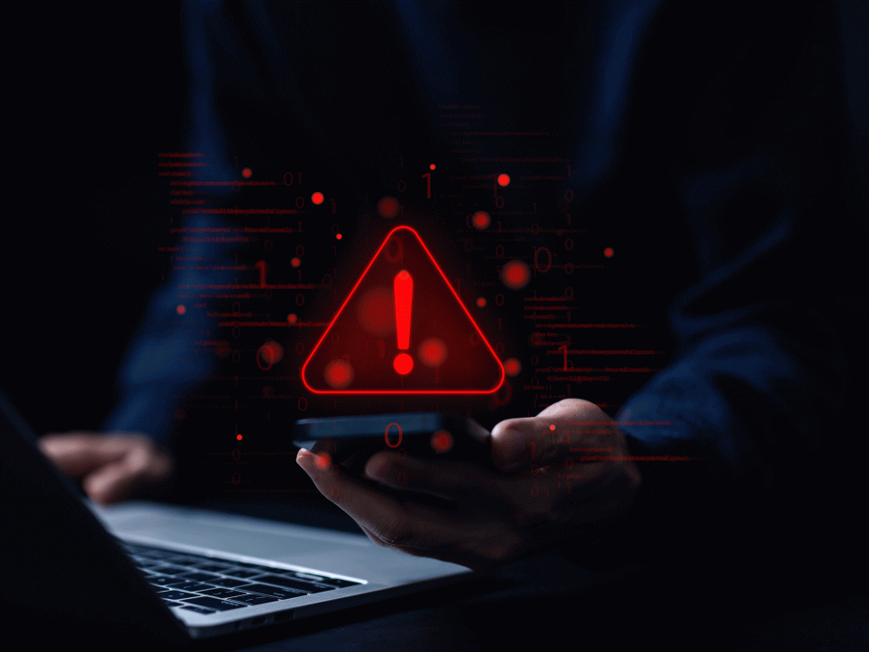 Leuchtendes rotes Warndreieck mit Ausrufezeichen über einem Smartphone als Symbol für IT-Ausfälle und SLA-Kompensation.