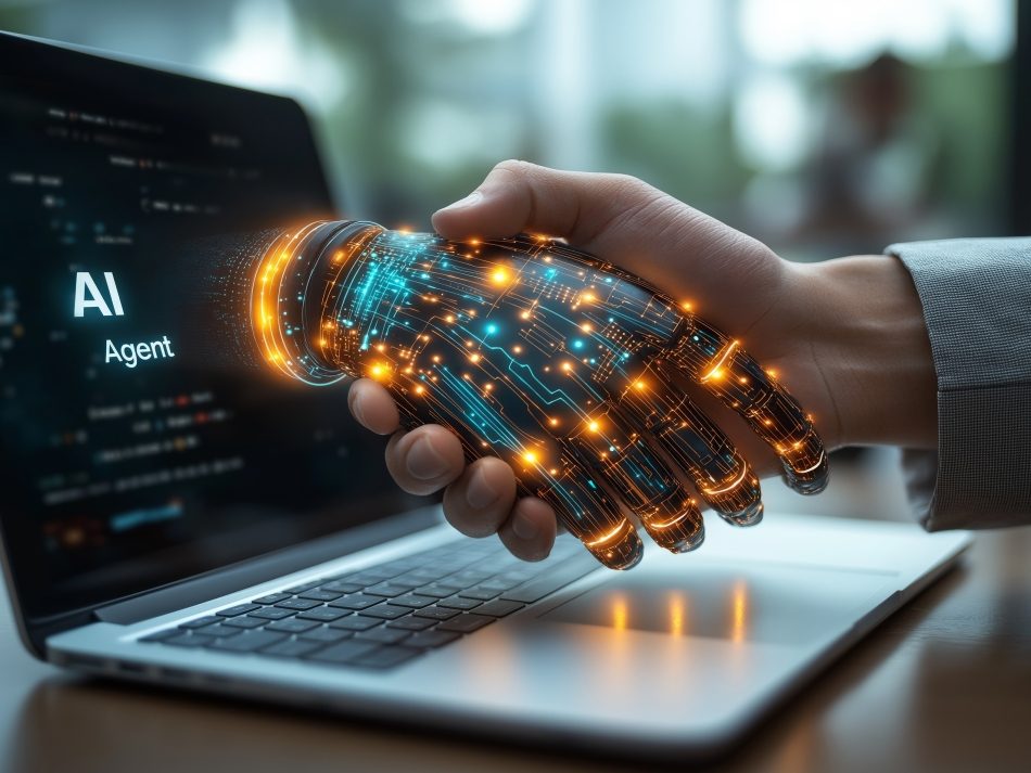 Digital handshake between a human and a glowing AI agent robot hand emerging from a laptop. Symbol for human-AI collaboration and business technology.