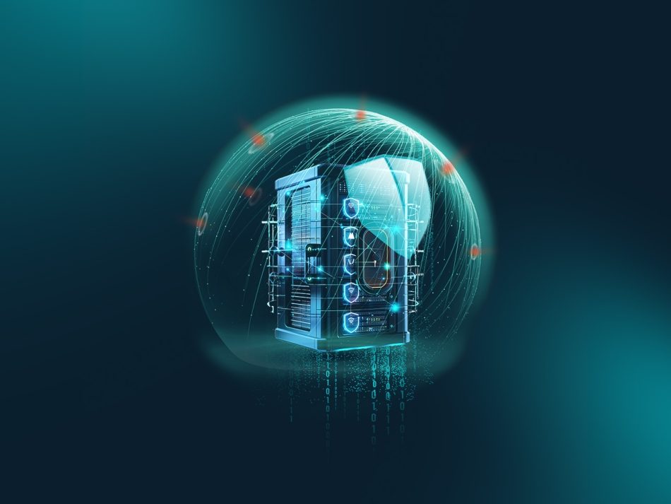 The image shows a dark teal background. In the center stands a futuristic server tower protected by a glowing, semi-transparent dome. Fine network lines run around the server, accompanied by glowing shield symbols and lock icons suggesting digital security. Below the server, zeros and ones fall like digital rain, indicating protected data streams.