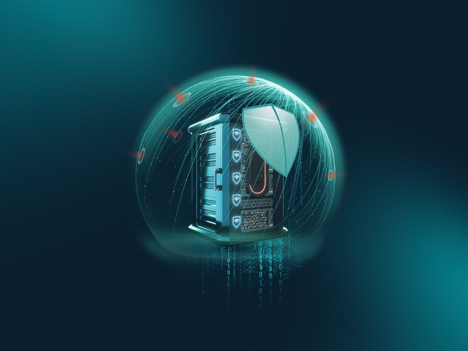 The image shows a dark teal background. In the center stands a futuristic server tower protected by a glowing, semi-transparent dome. Fine network lines run around the server, accompanied by glowing shield symbols and lock icons suggesting digital security. Below the server, zeros and ones fall like digital rain, indicating protected data streams.