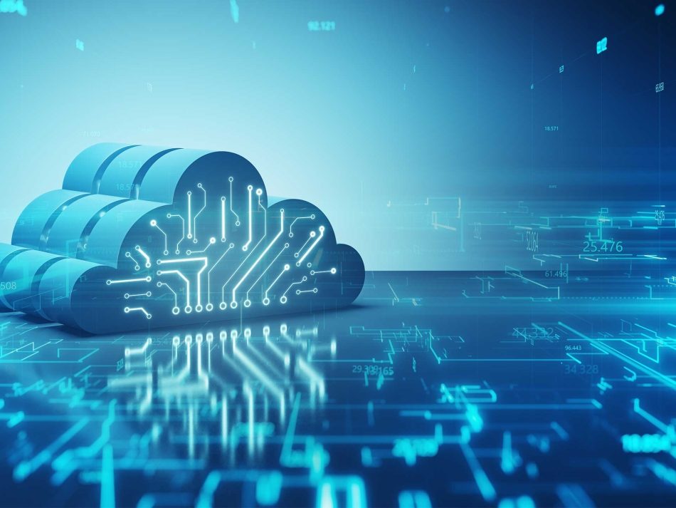 3D-Darstellung einer blauen Cloud mit digitalen Schaltkreisen, die für modernes Cloud-Hosting und sichere Datenspeicherung steht.