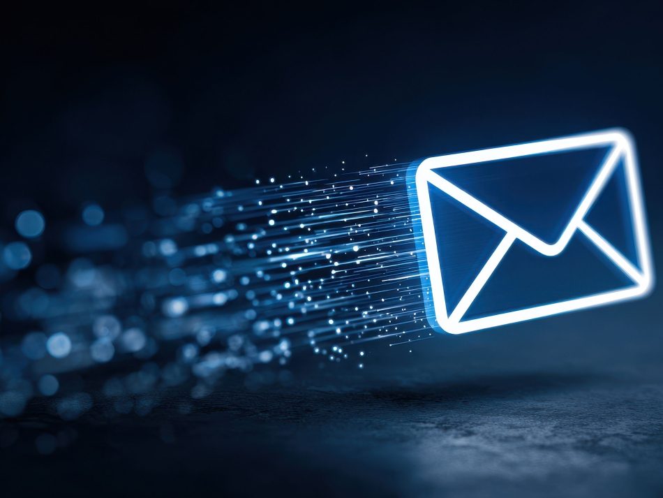 Leuchtendes neonblaues E-Mail-Briefumschlag-Symbol in schneller Bewegung mit Lichtspuren für digitale Kommunikation.
