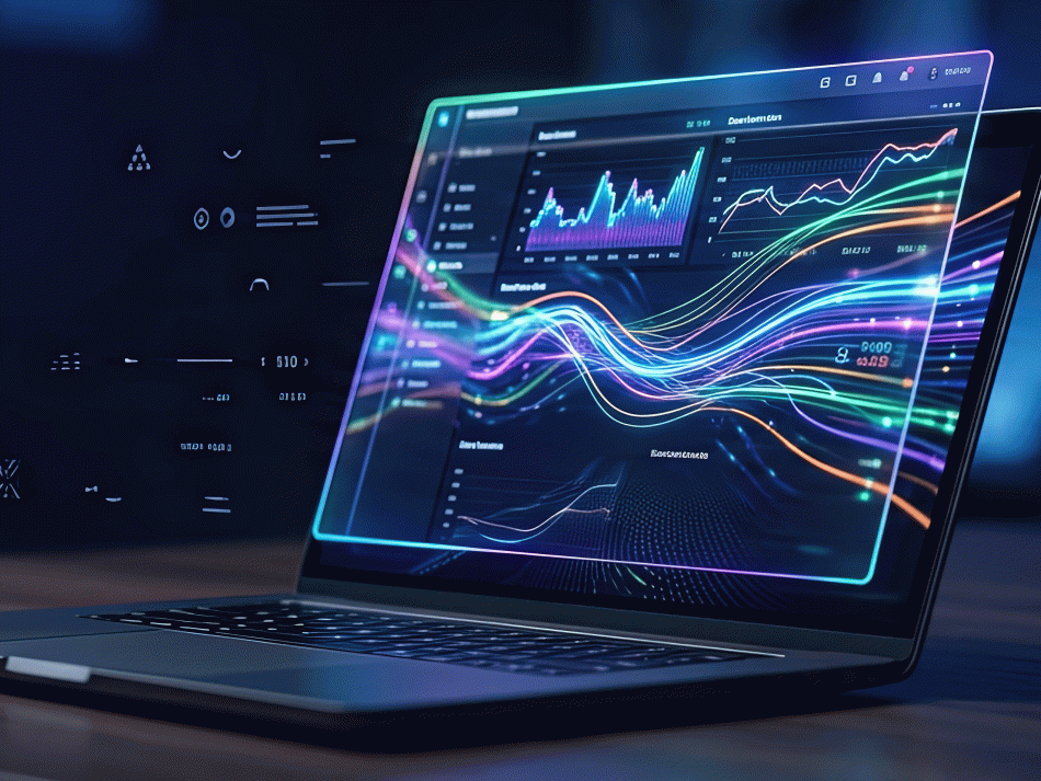 Laptop mit bunten, leuchtenden Liniendiagrammen zur Messung von Performance- und Uptime-Metriken in der Cloud.