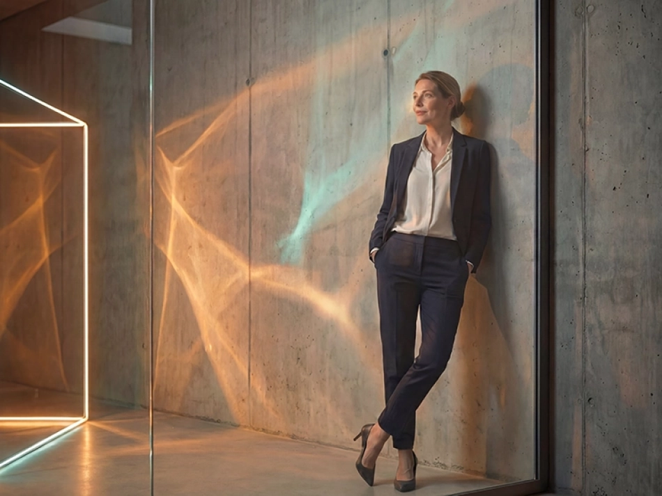 Eine elegant gekleidete Frau lehnt an einer Betonwand in einem minimalistischen Flur, beleuchtet durch goldene Lichtwellen und ein leuchtendes Glaselement im Hintergrund.