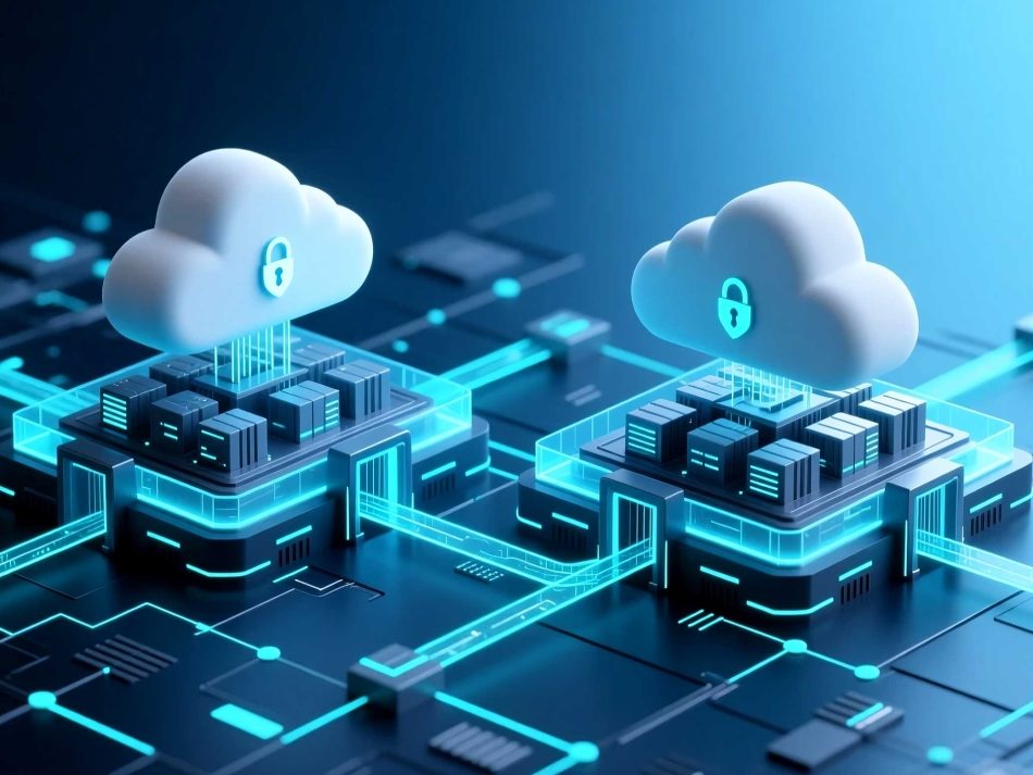 3D-Visualisierung einer sicheren hybriden Cloud-Architektur mit vernetzten Server-Racks und leuchtenden Datenströmen.