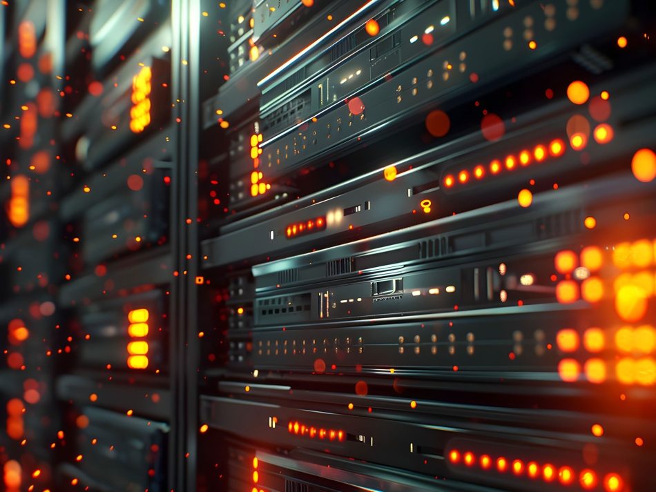 Server racks in a modern data center with glowing LED indicators for secure raw data archiving.