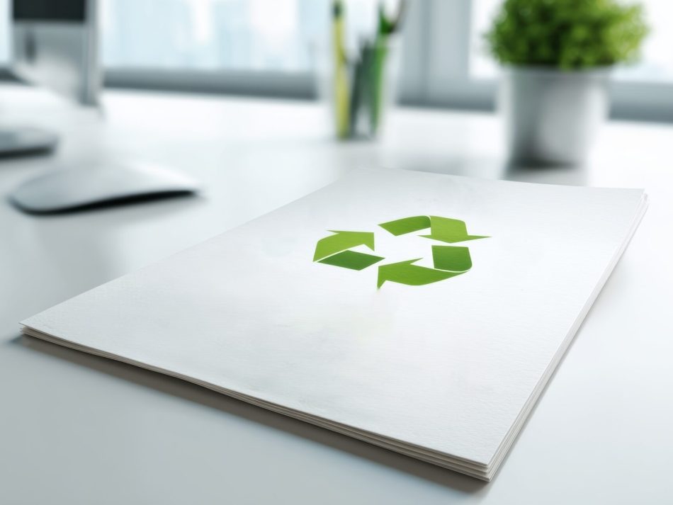 Eine weiße Papiermappe oder ein Stapel Dokumente liegt auf einem hellen Schreibtisch. Auf dem obersten Blatt ist deutlich das grüne Recycling-Symbol (drei Pfeile im Kreis) abgebildet. Im unscharfen Hintergrund sind Büromaterialien und eine grüne Topfpflanze zu erkennen. Das Bild symbolisiert Nachhaltigkeit, Recycling und umweltfreundliches Büromanagement.