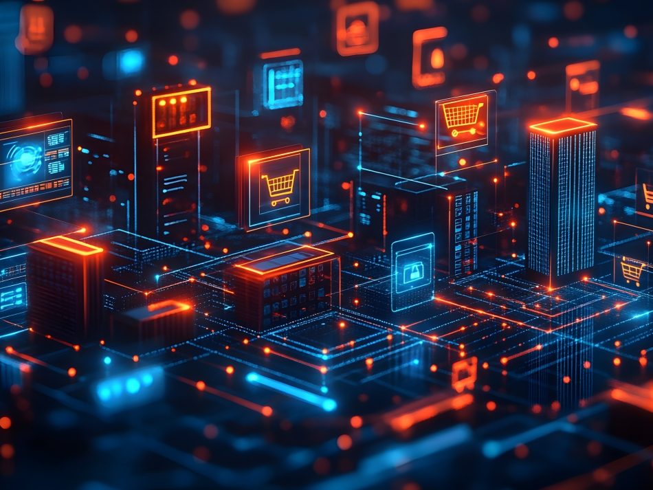 Digitaler Cloud Marketplace und E-Commerce-Plattformen in einer vernetzten, virtuellen Stadt