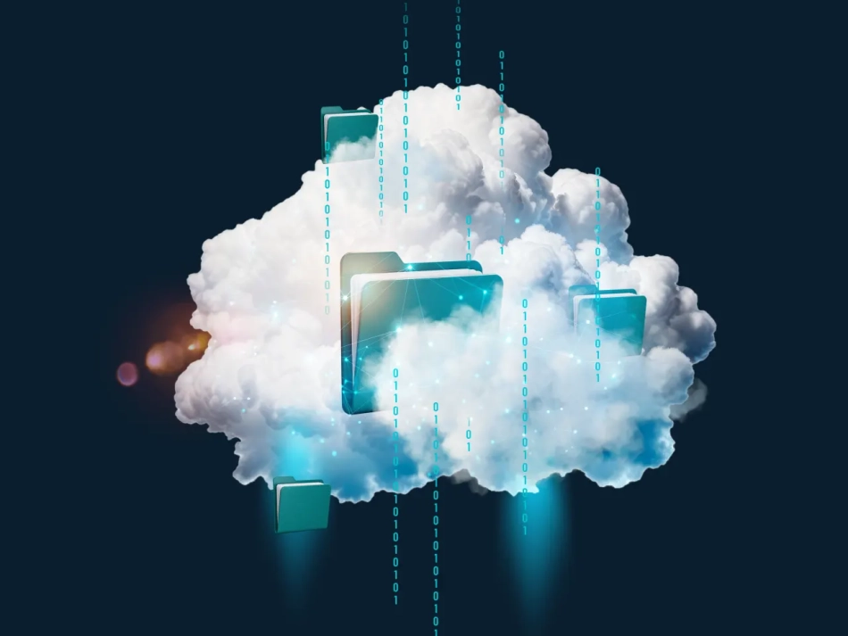 A stylized white cloud with digital folders and data streams against a dark background, representing STACKIT cloud services for European businesses with secure data centers located in Germany and Austria.