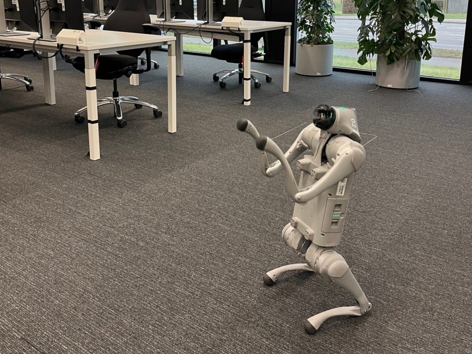 In einem Büro ist ein Roboterhund zu sehen.