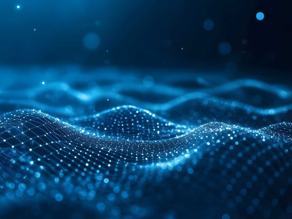 Blue glowing data waves in a digital grid – visualization of deep learning algorithms and big data processing in the STACKIT cloud.