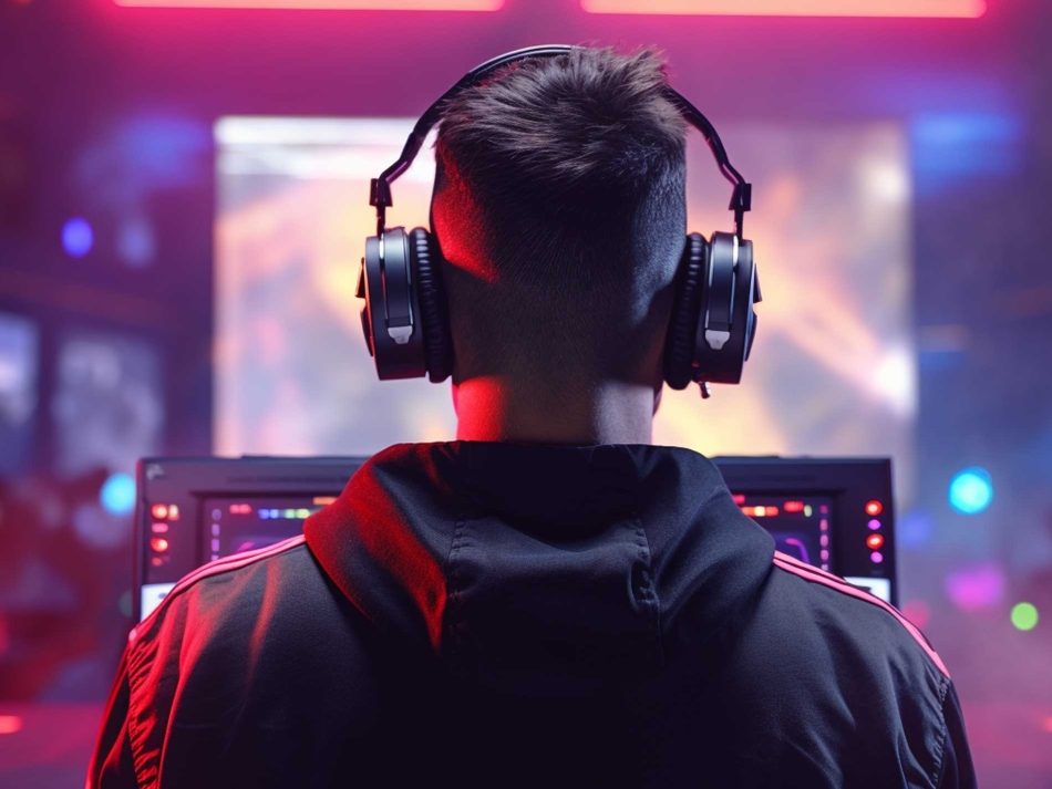 Gamer mit Headset vor Monitoren in einer neonbeleuchteten E-Sports-Umgebung für Gameserver-Hosting.