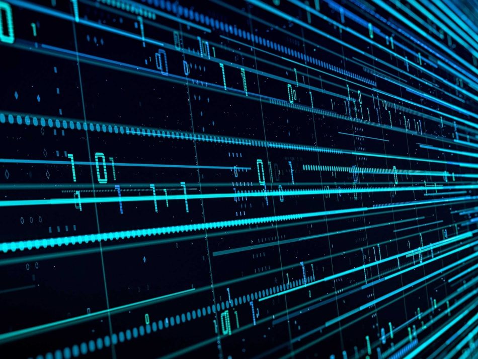 Abstract visualization of flowing data streams and binary code in cyan on a black technological background.