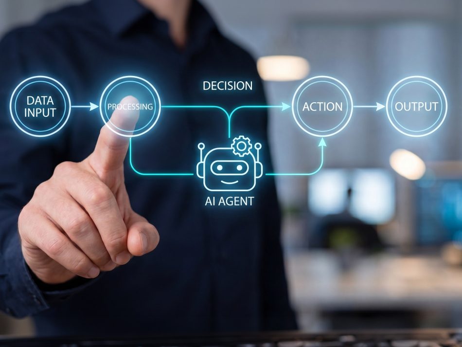 Futuristic workflow diagram: A man pointing to an interactive data flow display showing Data Input, Processing, Decision, Action, Output, and an AI Agent icon.