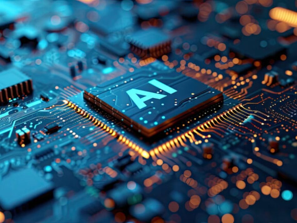 Nahaufnahme eines leuchtenden Mikrochips mit der Aufschrift AI (Künstliche Intelligenz) auf einer beleuchteten, blau-orangen Computerplatine. Das Bild symbolisiert Künstliche Intelligenz (KI), Machine Learning, Datenverarbeitung, KI-Hardware und Rechenleistung von Prozessoren.