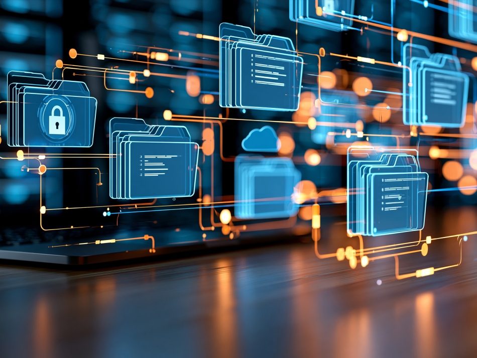 A close-up of a laptop with floating, glowing blue file folders connected by data lines, with one folder carrying a padlock symbol, representing data security and file management, on a wooden table with a blurred server room in the background.