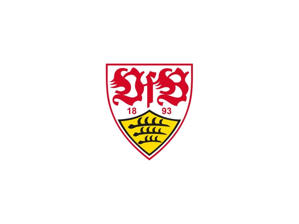Das Wappen des VfB Stuttgart, das ein rotes „VfB“ mit den Jahreszahlen „1893“ über einem gelb-schwarzen Schild mit drei Hirschstangen zeigt.