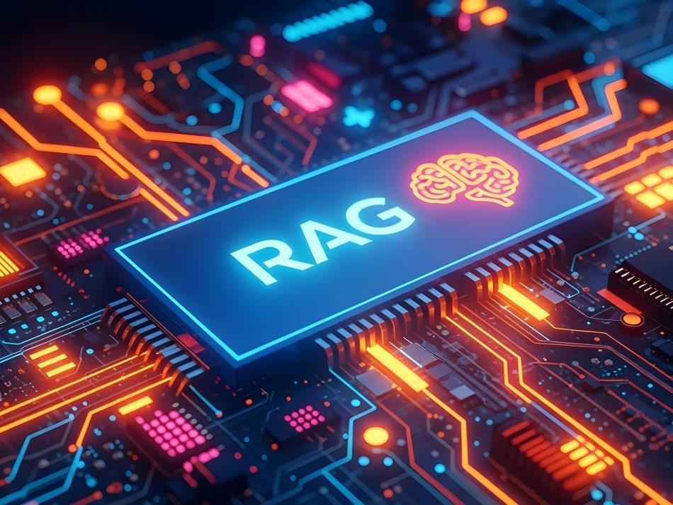 Microprocessor on a circuit board with glowing blue text "RAG" and a brain icon.