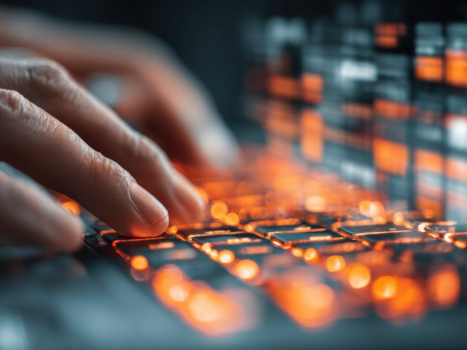 Tippende Hände auf einer intensiv orange beleuchteten Laptop-Tastatur, Symbol für Programmieren und Datenanalyse.
