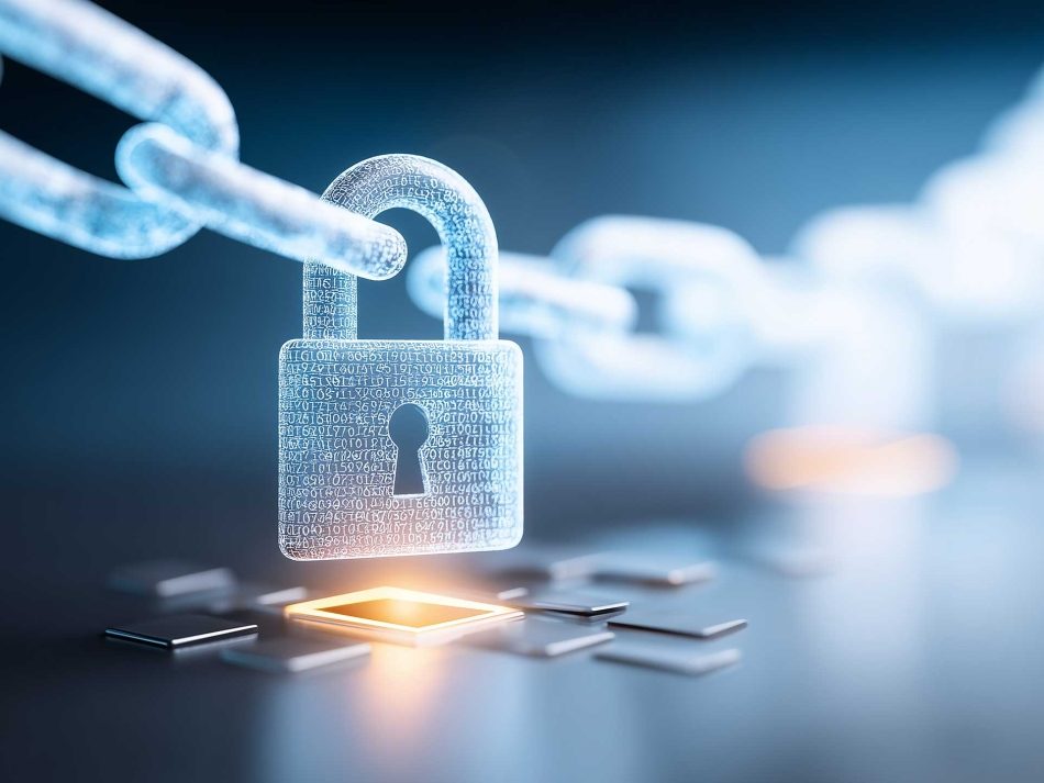 Leuchtendes, holografisches Vorhängeschloss aus Binärcode und Verschlüsselungsmustern, das eine Blockchain-Datenkette sichert, Symbol für Cyber-Sicherheit und digitale Souveränität.